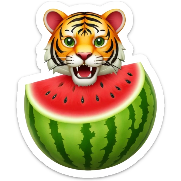A watermelon fruit body with a fierce tiger head coming out of the top sticker