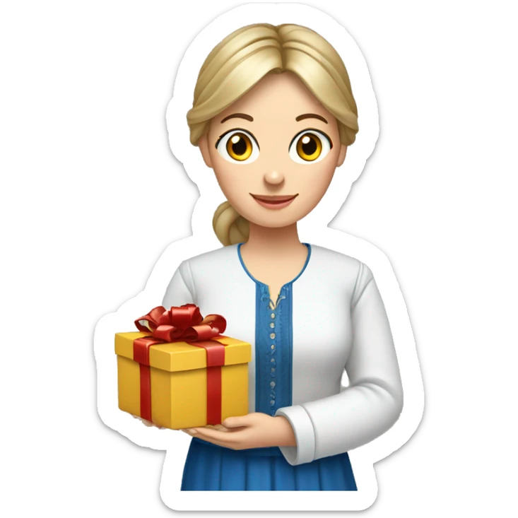A female teacher in Ukrainian embroidery holds a gift in her hand sticker