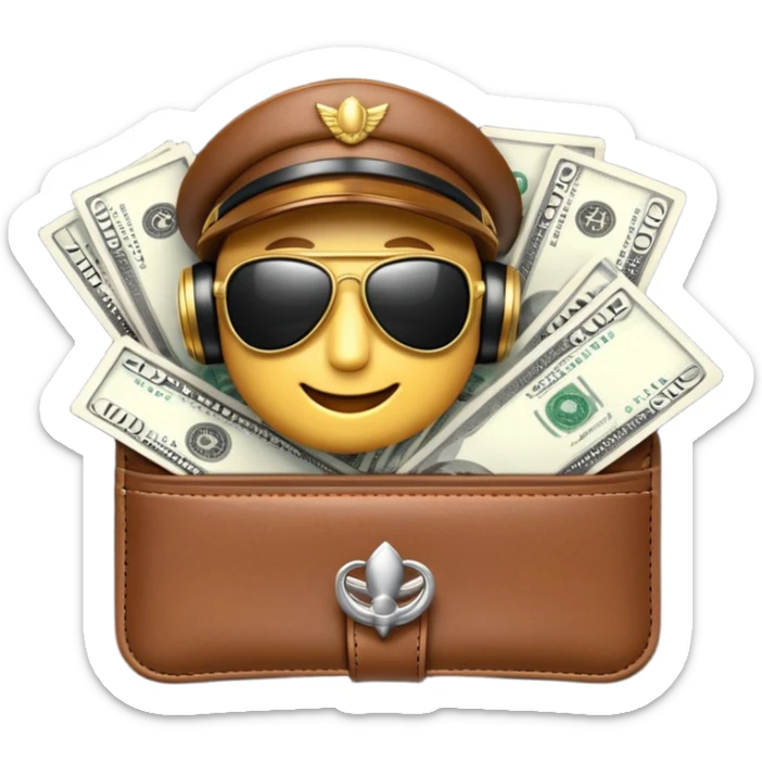 Aviator money emoji, wallet full of cash, casino vibe, premium 3D emoji style, clean, no background
 sticker