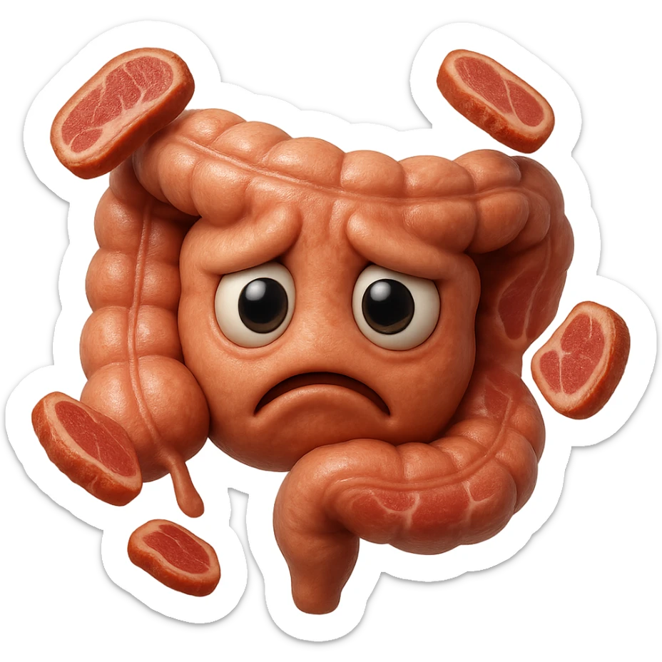 emoji stile iphone in 3d di un intestino triste con fette di carne che gli fluttuano intorno, gli occhi falli con la parte bianca pure, iperrealistico 4k sticker