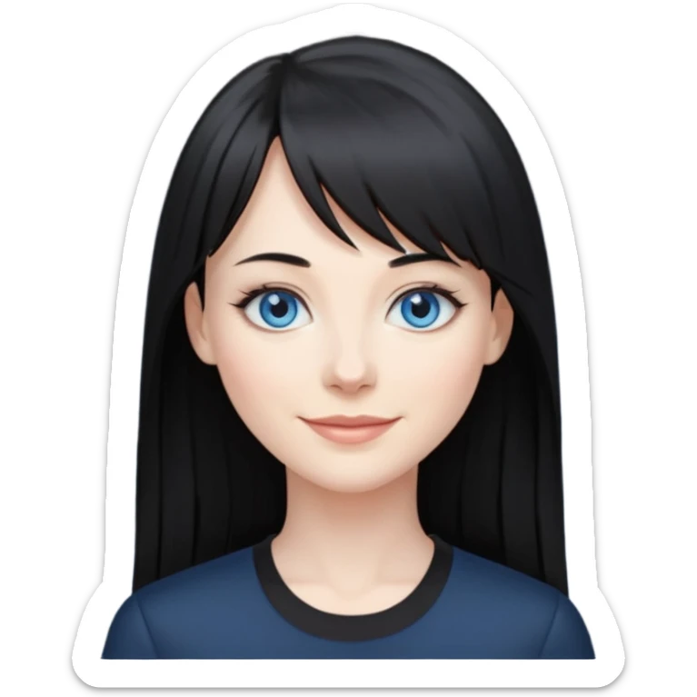 40 yr old woman long straight black hair, pale skin, blue eyes, black clothes, small smile, bangs sticker