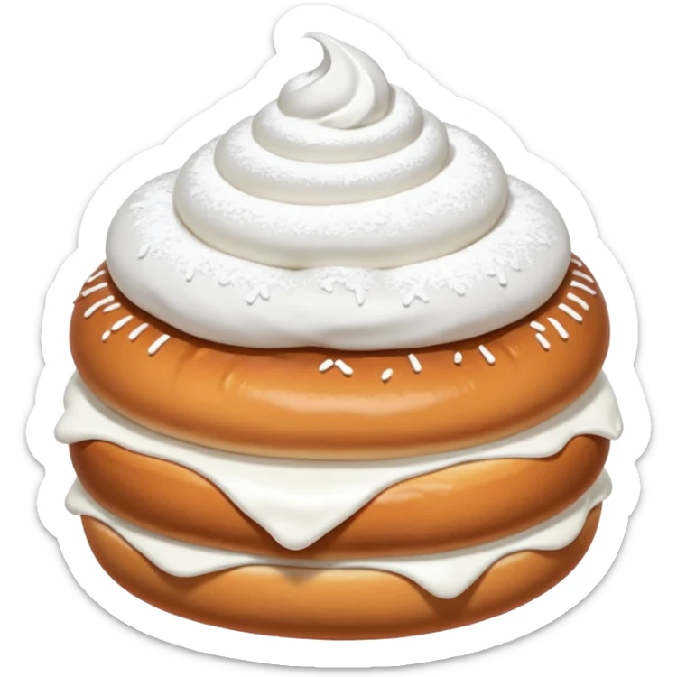 A bun with visible whipped cream in the middle beteween two bun halves and powdered sugar on top sticker