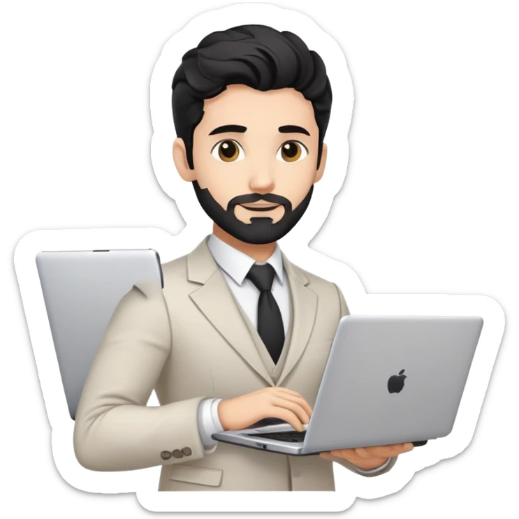 Professional 35-year-old man with black wavy hair, stubble, strong jawline, white skin tone, wearing smart casual business attire, holding a laptop, with a confident approachable expression sticker