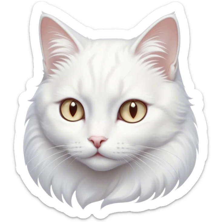 Cinematic Noble White Cat Portrait Emoji, Poised and stately, with a pristine, snow-white fur accented by delicate hints of silver, refined whiskers and a serene, focused gaze, simplified yet impeccably detailed, glowing with an ethereal radiance and timeless elegance, high shine, exuding calm intelligence and regal simplicity, soft glowing outline, capturing the essence of a noble white cat that radiates quiet majesty! sticker