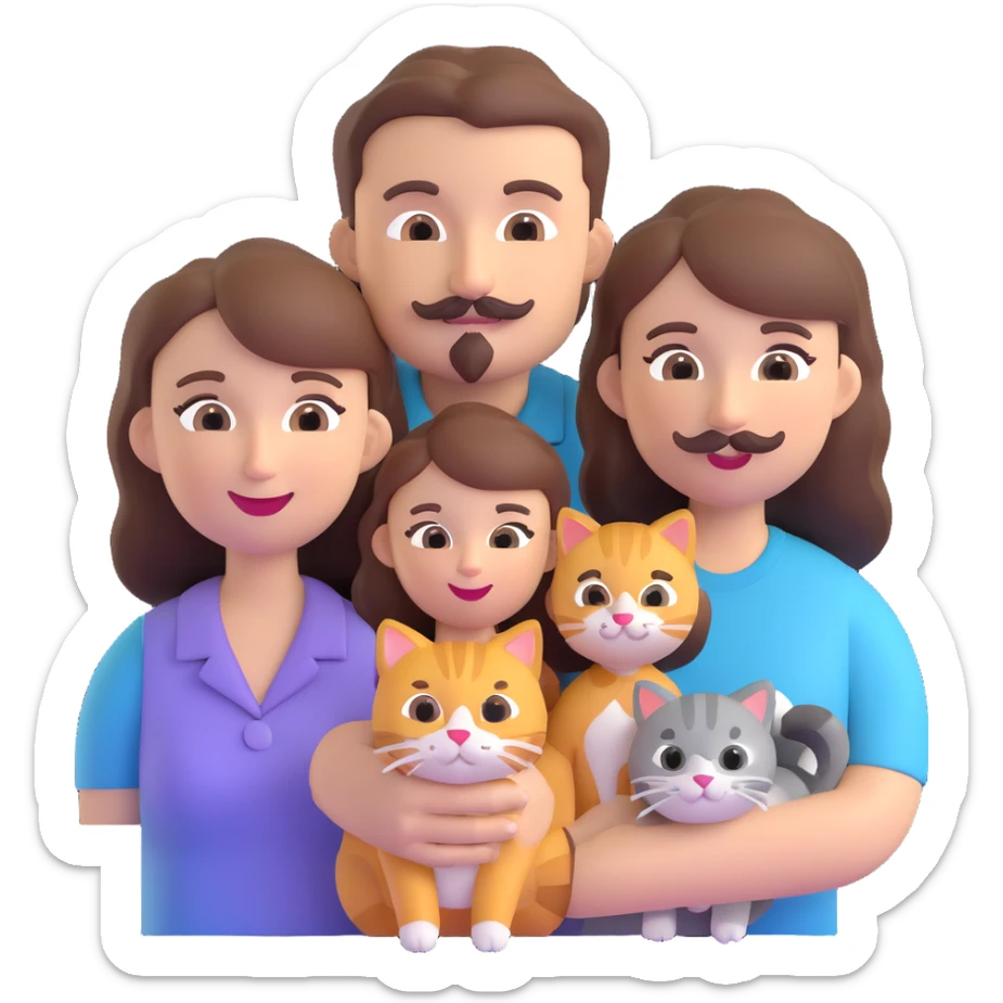 a family portrait: mom with brown hair, dad with brown hair and mustache, daughter with brown hair, and three cats, friendly 3D emoji style sticker