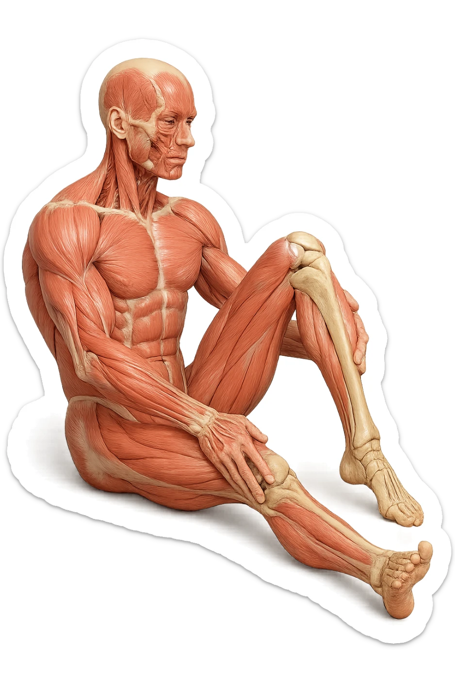 CORPO UMANO ANATOMICO REALISTICO CHE FA UN ESERCIZIO DI MOBILITà ARTICOLARE ALLE GAMBE, IPERREALISTICO 4K sticker