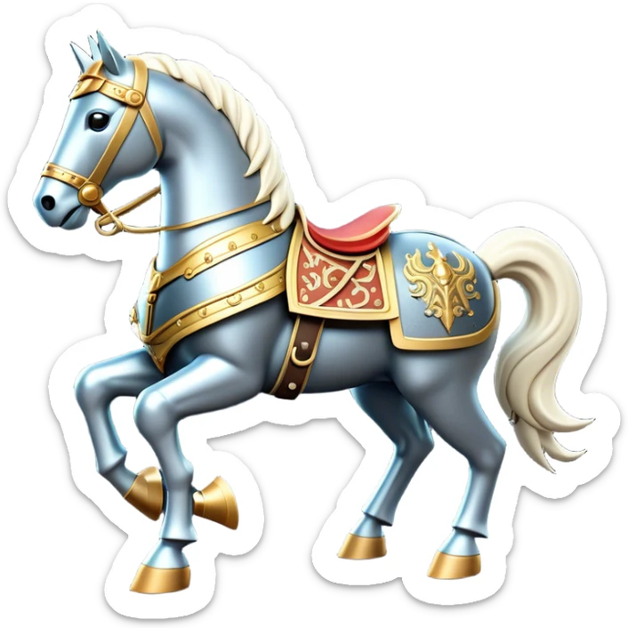 Clash of Clans aesthetic: Cinematic Playful Armored Horse Emoji, rendered in a 3D vector-style similar to standard emojis with minimal shading and bold, simplified shapes. A compact, isometric warhorse outfitted in intricately detailed armor with noble accents, softly glowing with a gallant medieval carriage charm. Simplified yet unmistakably iconic, highly detailed and consistent, glowing with a soft radiant shine and high polish. Stylized with a touch of heroic elegance and a soft glowing outline, capturing the essence of a noble steed ready for battle with a friendly, playful air! sticker