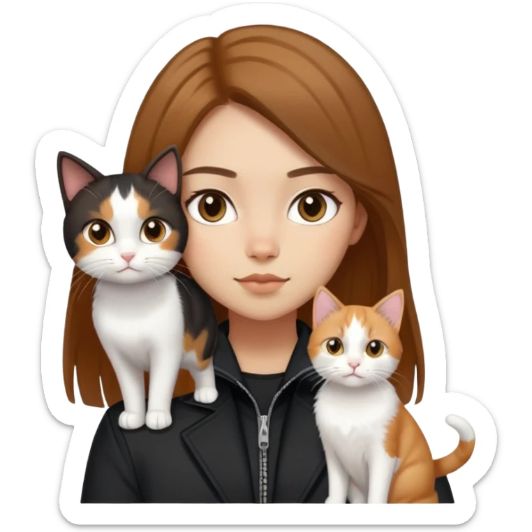 Light-skinned girl with brown straight hair wearing a black jacket, along with one pure white cat and one calico cat sticker