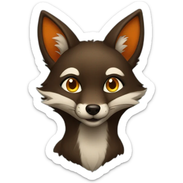 a small dark brown fox with orange eyes with a dark green hood that smile sticker