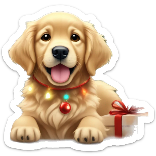 Golden retriever puppy cute with reindeer antlers and a red nose in front of a decorated Christmas tree with Christmas lights ￼ sticker