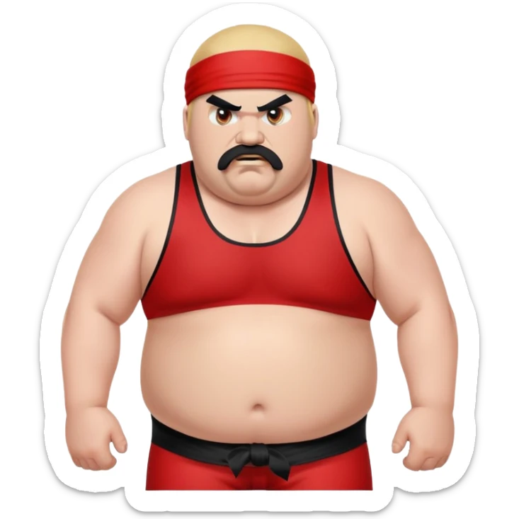 Close-up of morbidly obese white skin guy with young face, prominent BLACK DURAG tied clearly on head, distinct black beard and mustache, no muscle, black eyes in a red and black wrestling singlet with angry face sticker
