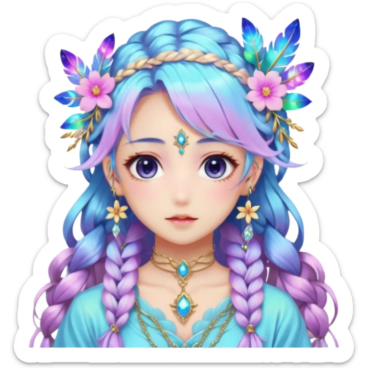 Beautiful gorgeous anime lady with beautiful iridescent-nebula-braided-hair, fashion aesthetic, ethereal, fairycore, pastelcore, feathers, flowers, gems, accessories, jewelries, gold, colorful sticker