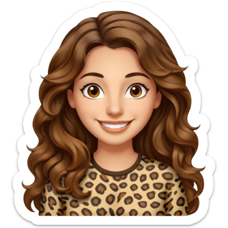30 yr old italian woman, long brown wavy hair, big brown eyes, huge smile, animal print shirt, no bangs,  sticker