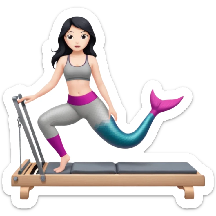 Create a Pilates emoji: a girl with fair skin and black hair, wearing a grey bra and grey leggings with pink pilates socks, doing  mermaid on a wooden reformer. Make it look at the reformer. Make the colors neutrals. sticker