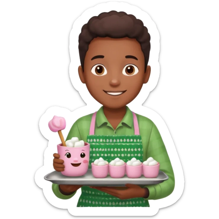 A young black vendor boy with pink cheeks, holding a tray of marshmallow-topped cocoa wearign green patterned apron sticker
