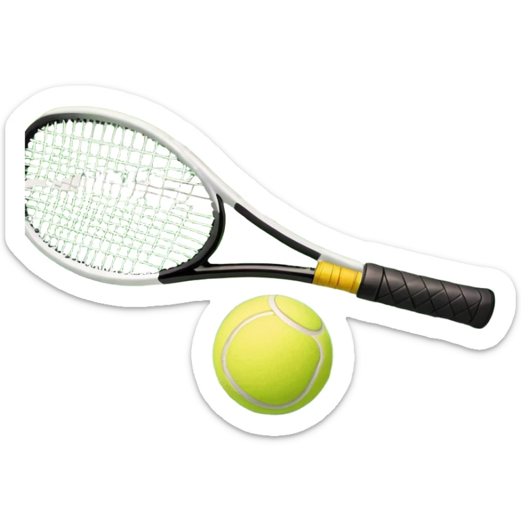 A tennis racket and a ball placed on the ground, with a tennis court in the background. The court lines and net are visible, emphasizing the structure and focus of the sport, creating a dynamic and energetic vibe. sticker