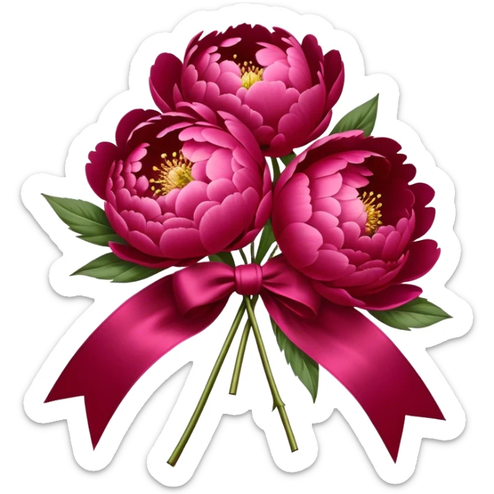 peonies in Persian red color tied with silk aesthetic ribbon of powder raspberry color in glamour vintage theme sticker