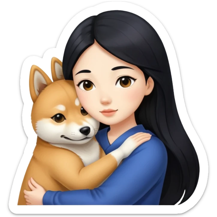 A beautiful girl with long black hair hugs a Shiba Lnu dog sticker
