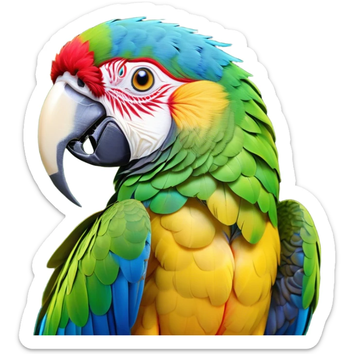 Cinematic Noble Macaw Portrait Emoji, Poised and regal, with vibrant, iridescent feathers in a spectrum of brilliant colors and sharp, intelligent eyes, Simplified yet sharp and sophisticated features, highly detailed, glowing with a soft, tropical radiance, high shine, majestic and graceful, stylized with an air of exotic elegance, focused and alert, soft glowing outline, capturing the essence of a watchful and confident avian guardian that seems ready to soar out of the screen with effortless authority! sticker