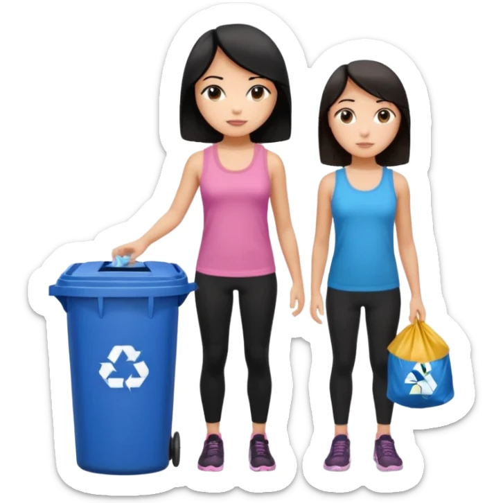 generate a genmoji of a black haired girl in a pink tank top and black leggings holding a black trash bag. Standing with her is a brunette girl in a similar blue tank top and black leggings.
Standing in front of a dustbin sticker