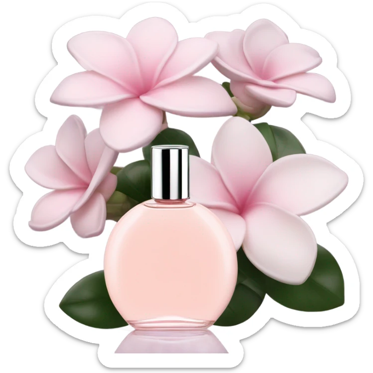 Aesthetic view of blush pink gardenias with a classic violet perfume bottle.
 sticker