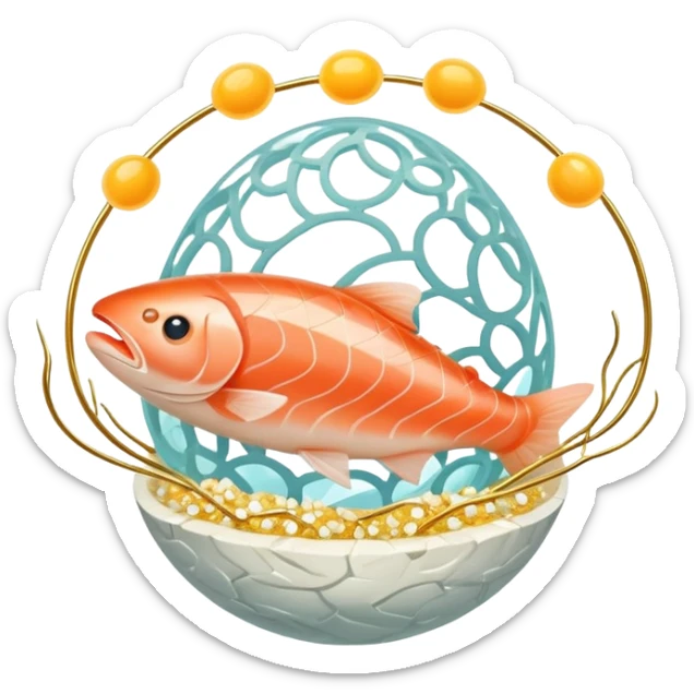 A sparkling crystal brain surrounded by pieces of salmon, a golden egg yolk, and fermented soy floating in a spiral. Thin light beams connect from these foods to glowing points on the brain surface, creating a circuit of expanded focus. sticker