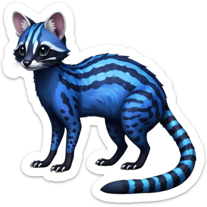 Feral Rare Fantasy iridescent scaly evil spooky vibrant dark shady shaded detailed deep-dark-cobalt-blue-gradients-colored colorful Genet-Trico-Civet-Cacomistle-Margay-species by LiLaiRa, with dark-blackish points, white belly, random markings, tufted tail, tufted ears, full body sticker