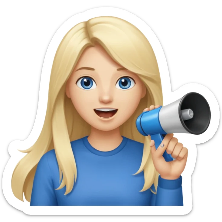  blue eyes blonde girl yelling into megaphone smiling long hair holding up finger sticker