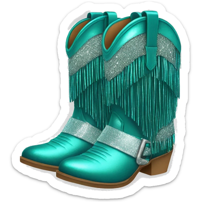 Realistic teal fashion cowgirl boots with sparkly shiny glitter fringe on them. sticker