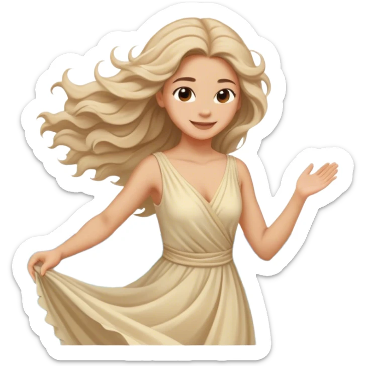 Girl in a flowing dress by the ocean, wind in her hair, a serene and confident smile with beautiful finish. sticker