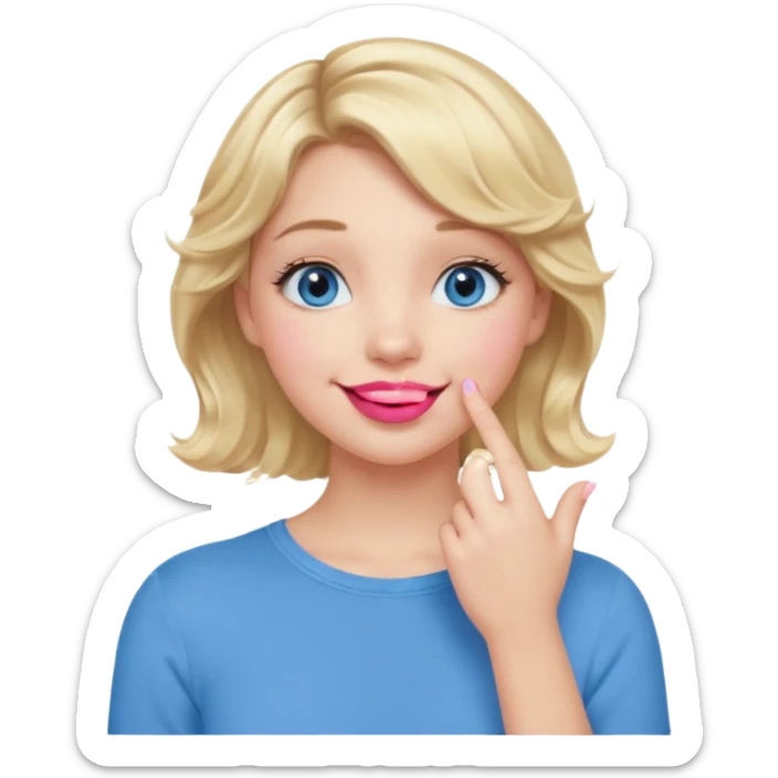 Girl Blonde short wavy hair,  blue eyes, cute blue top, long lashes, pink lips, smiling, hand covering the mouth sticker