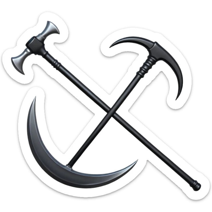 The scythe of the God of Death, a symbol of death, is long and straight, entirely in deep black. sticker