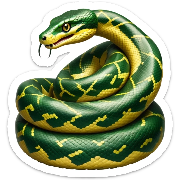 cinematic-anaconda-realistic-full-body-coiled-emoji,-thick-muscular-body-wrapped-in-powerful-loops,-smooth-green-and-black-patterned-scales-glinting-under-the-light,-head-raised-slightly,-piercing-golden-eyes-staring-intensely,-simplified-yet-realistic-focused-features,-highly-detailed,-glowing-with-an-almost-sarcastic-glow sticker