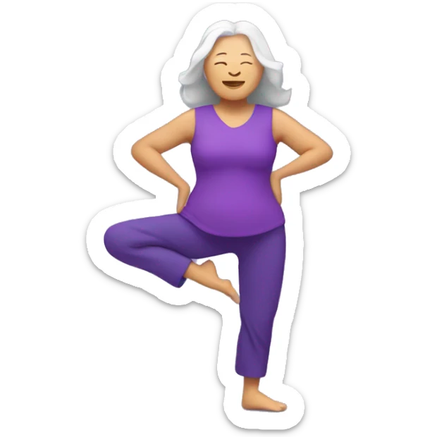 Long hair Asian senior woman in purple yoga cloth dancing Zumba sticker