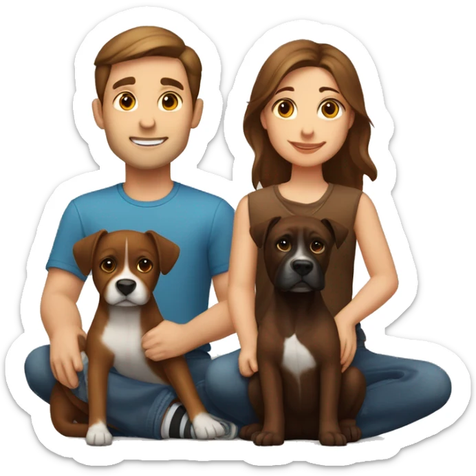a girl with brown hair, and a man with short brown hair, sitting with two dark brown boxer dogs sticker