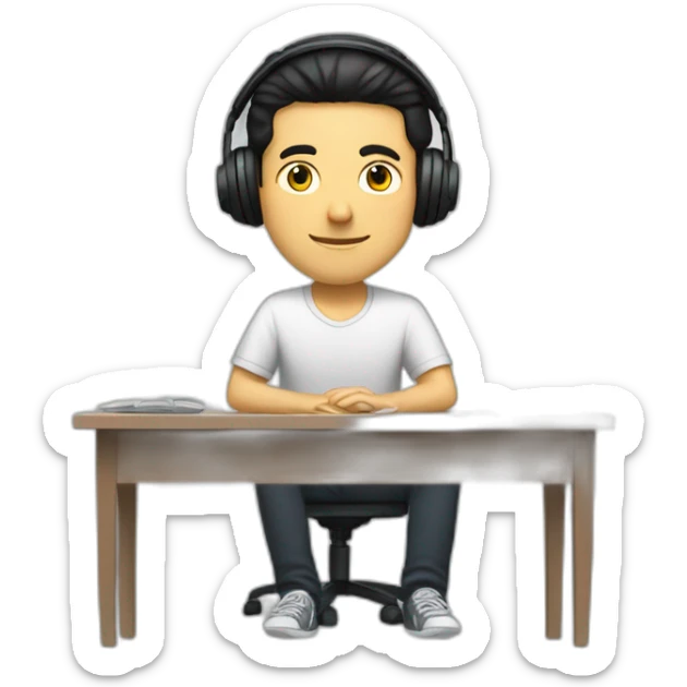 white man with black hair and headphones sitting relaxed with a desk in front of him sticker