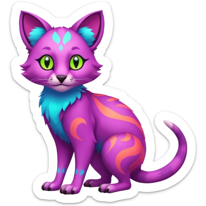 Neon-colored fantasy feline-marsupial-critter-vernid-fursona animal creature full body with intricate markings  sticker