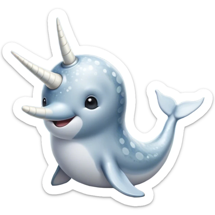 Cinematic Noble Cute Narwhal Portrait Emoji, Poised and graceful, with a streamlined, gently curved body clad in mottled, silvery-gray skin, accented by a long, spiraled ivory tusk and wide, expressive eyes radiating playful intelligence, Simplified yet sharp and sophisticated features, highly detailed, glowing with a cool, frosted ocean glow, high shine, intelligent and enigmatic, stylized with an air of whimsical marine majesty, focused and graceful, soft glowing outline, capturing the essence of a watchful and confident cute narwhal that appears ready to glide out of the screen with effortless charm! sticker