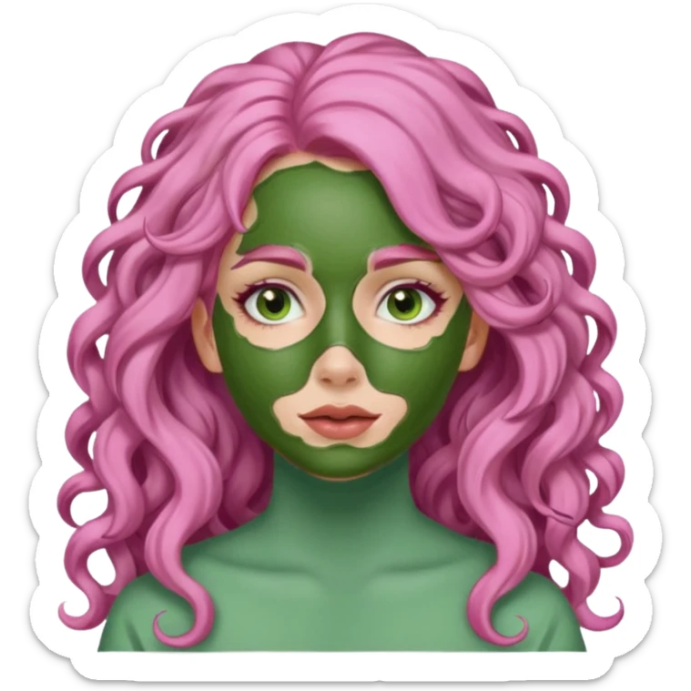 pink haired very long curly haired woman with full full face green clay mask sticker