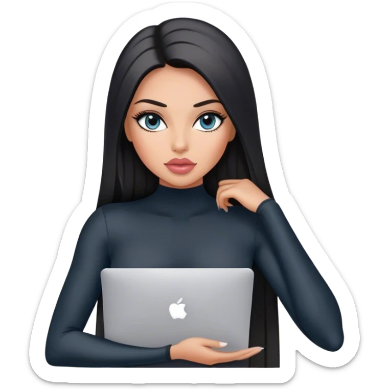Glamours, tanned, very beautiful girl, with big pump peach-beige-rose lips, black straight smooth silky long hair, straight parting, blue-grey eyes, in black bodysuit holding MacBook sticker