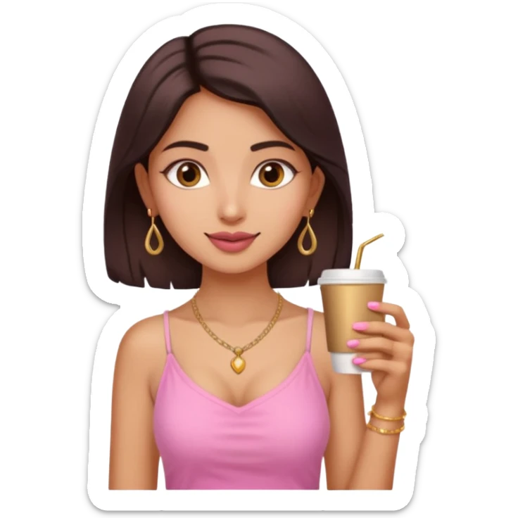 a pretty fair indian bratz girl with a pink cami top, drinking takeaway brown coffee, golden dainty necklace sticker