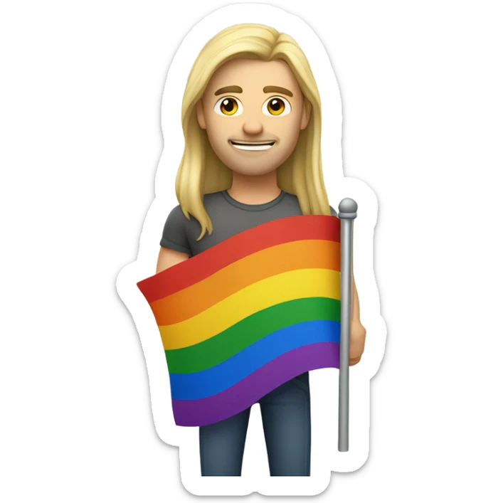 caucasian man with straight long blonde hair holding gay flag sticker
