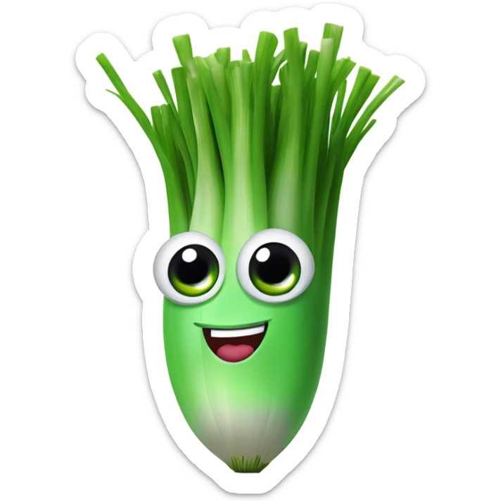 3D Cheerful green onion with big expressive eyes, a wide smile, and a few green stalks on top. Designed in a cute, cartoonish style with vibrant colors. sticker