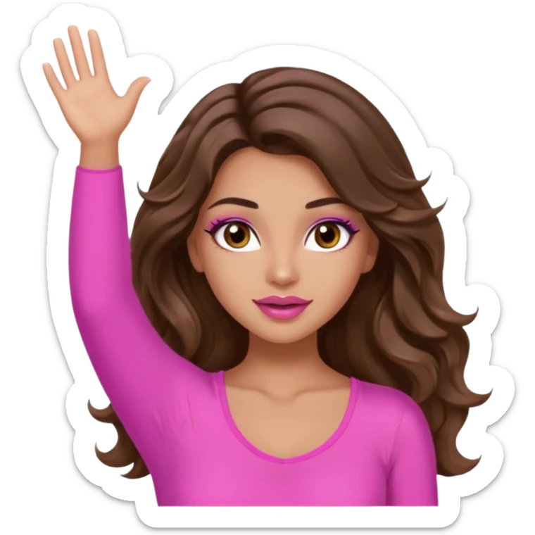 girl with long wavy brown hair, brown eyes, long lashes makeup, sexy pink lips, light to medium complexion, wearing a pink sexy top, both hands in teh air sticker