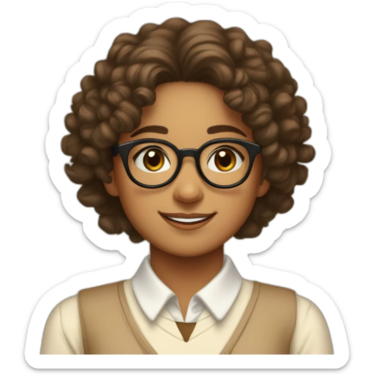 smiling indian teenage girl with curly hair and glasses wearing a collared long sleeve white shirt under a beige v shaped collar sweatervest with no buttons sticker