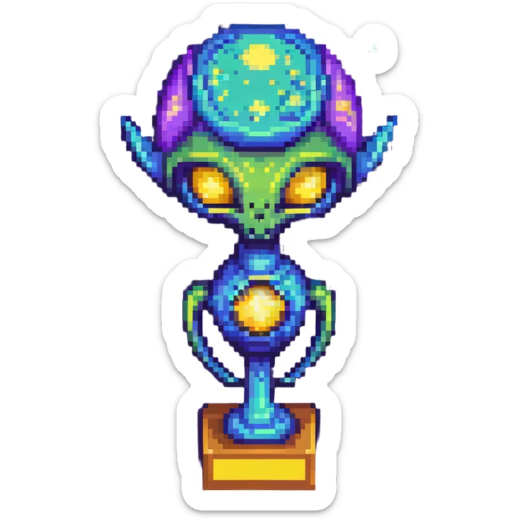 An alien trophy with cosmic colors of the universe, deep space blues and purples sticker