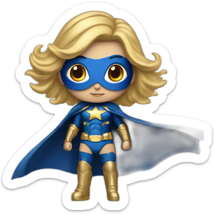 Super hero, girl, textured blue suit, blonde, gold shoulder pad armor, American Flag for a cape, flying, horizontal sticker
