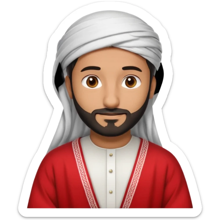 detailed iPhone-style emoji of a Saudi man with a soft, round cartoon face, short beard, gentle brown eyes, calm confident smile, wearing traditional white thobe, red-and-white shemagh with black agal, both hands gently crossed over chest sticker