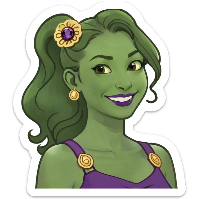 Animated woman inspired by Disney’s Hercules, with long brown hair styled in a single high ponytail with wavy ends. A signature curl falls over her forehead. She wears a flowing purple dress with golden brooches on the straps and has a confident, playful smirk sticker