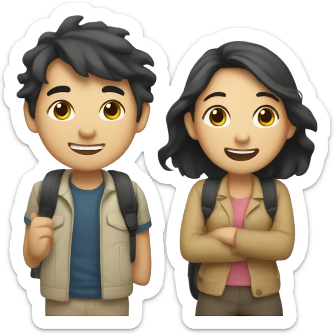 Cute Asian couple (girl with wavy long hair guy with short straight hair) excitedly traveling  sticker